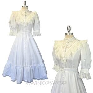 Gunne Sax Vintage 70s White Lace Midi Dress Size 11 M Edwardian Wedding Cotton